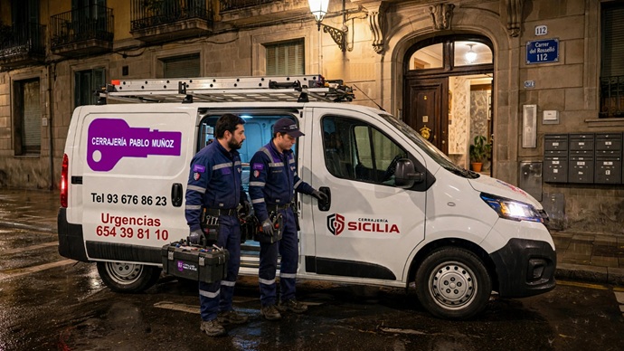 Unidad móvil de Cerrajería Pablo Muñóz y Grup Sicilia atendiendo una urgencia nocturna en el Carrer del Rosselló de Barcelona con dos técnicos equipados.